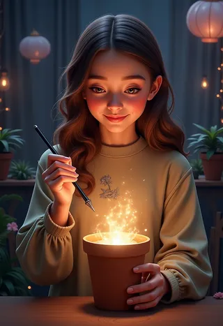 A young witch with long brown hair casting a glowing spell on a flower pot using a wand, illuminated by magical light in a cozy indoor setting.