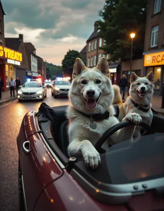 A white husky named Willow driving a car with her dog gang members in the passenger seat, speeding away from a crime scene with police cars chasing behind near a dog treats shop.