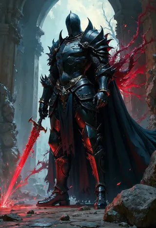 A cursed knight clad in dark, intricately detailed armor holding a glowing red sword with shadowy energy, standing amid ancient ruins and a fragmented, chaotic background.