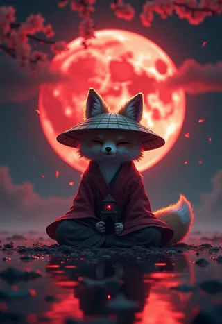 A fluffy ninja fox meditating in lotus position wearing feudal Japanese attire and a large sedge hat, illuminated by a glowing red moon with sakura petals falling around.