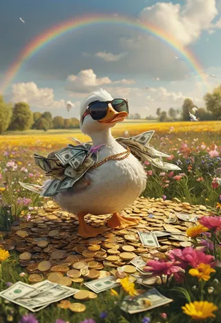 A wealthy duck wearing sunglasses and a gold chain, standing on a pile of gold coins surrounded by dollar bills and colorful spring flowers under a rainbow in a sunny field.
