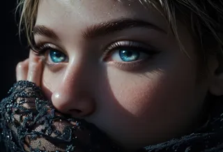 Close-up of a blonde model with stunning blue eyes, natural skin texture, and wearing black sheer lace, captured in soft light with a dark background.