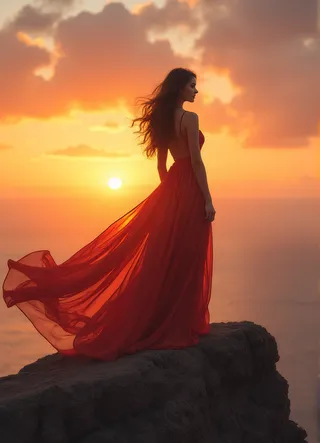 A majestic woman stands on a rocky cliff at sunset, wearing a flowing red gown that billows in the wind, with serene confidence as the sky glows orange.