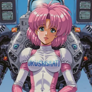 A radiant K-pop idol with voluminous pink hair and aqua eyes wears a form-fitting skinsuit with the text URUSHISATO, standing in a powerful mecha powered-armor decorated with vintage Toshiba, Yamaha, and Sony designs, against a neutral haze background.