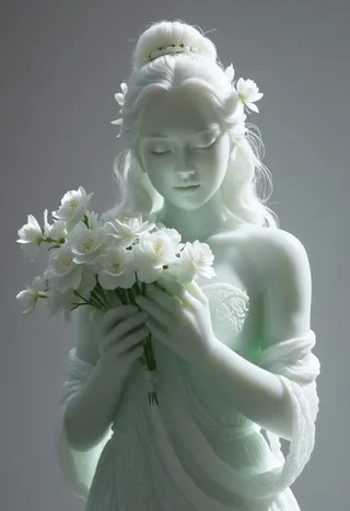 Realistic jade sculpture of a woman with pure white skin holding a bouquet of white flowers, illuminated by soft cinematic light