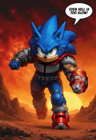 Sonic the Hedgehog wearing space marine armor running on the red rocky surface of Mars with a fiery sky, speech bubble reading 'Even Hell is too slow!'