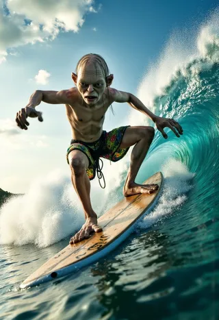Smeagol from Lord of the Rings surfing on a large curling wave wearing colorful beach shorts, captured in bright sunlight and dynamic action.