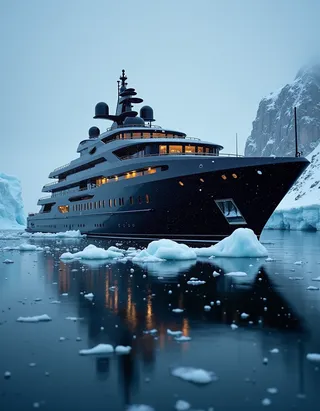 Luxury black yacht parked by an iceberg in snowy arctic waters with cozy warm lights glowing through its windows at dusk.