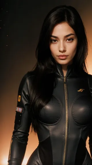 Realistic female character with black long hair and brown eyes wearing a black zip-up bodysuit, facing the viewer with a serious expression in a science fiction setting.