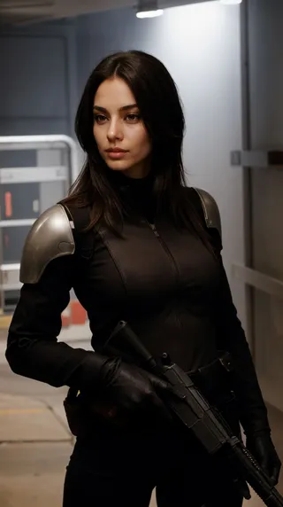 Realistic image of a lone woman with black hair wearing fingerless gloves, holding a gun and a helmet, dressed in a black futuristic outfit with shoulder armor.