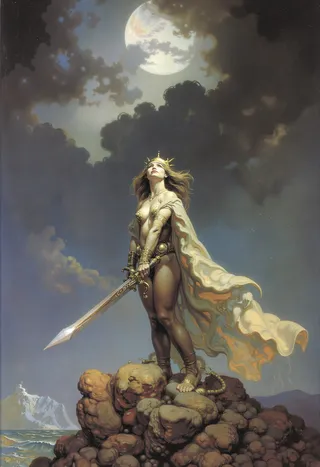 A Valkyrie warrior princess standing on rocky terrain, holding a shining sword, illuminated by moonlight under a stormy sky, in a Frank Frazetta style fantasy oil painting.