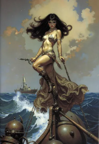 Fantasy oil painting by Frank Frazetta of a pirate queen standing confidently on the deck of a storm-tossed ship, holding a sword and chain, with wind whipping through her long dark hair and a stormy sea behind her.