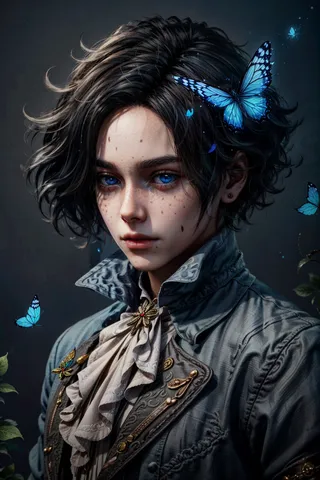 Realistic HD portrait of LiesPinoccio, a young man with intense blue eyes and tousled black hair, dressed in detailed Victorian-style clothing, surrounded by glowing blue butterflies.