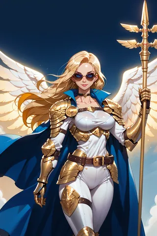 Female warrior with angel wings wearing white and gold PLD armor, blue cape, sunglasses, holding a golden staff against a blue sky.