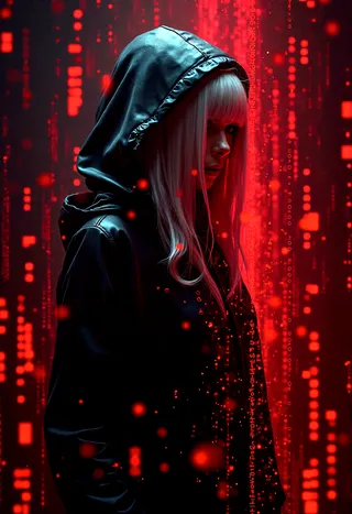 Photorealistic image of a female cyberpunk hacker with white hair, wearing a black hooded jacket, surrounded by floating red digital binary code in a dark futuristic setting.