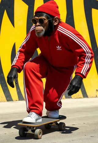 Hyperrealistic chimpanzee wearing a red Adidas-style tracksuit, yellow sunglasses, and a red beanie skateboarding in front of a yellow and black graffiti background.