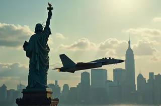 Military fighter jet flying closely past the Statue of Liberty with the New York City skyline, including the Empire State Building, in the background under a cloudy sky.