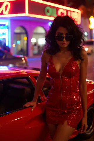 A woman in a sparkly red dress and large black sunglasses stands by a red Lamborghini parked outside a neon-lit club in Miami at night.