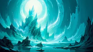 A highly detailed painted world featuring otherworldly teal-colored structures and serene spiritual temples under magnificent lighting with a dramatic angle.