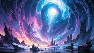 A painted world featuring a dramatic whirlpool of radiant blues and purples in the sky, vibrant stars illuminating the heavens, jagged mountain peaks rising from a calm reflective surface, evoking a lovecraftian undersea quake scene.