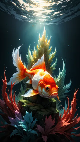 Closeup underwater image of a vibrant goldfish surrounded by colorful seaweed, illuminated with dynamic lighting against a black background.