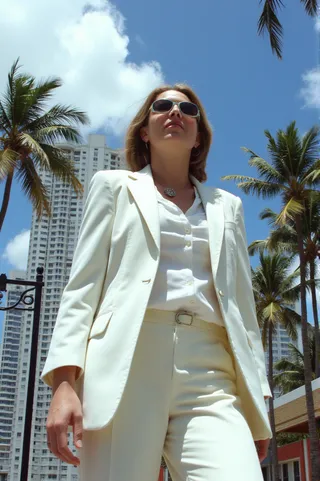 Woman wearing a white suit and sunglasses photographed from a low angle against a backdrop of Miami palm trees and office skyscrapers on a sunny day.