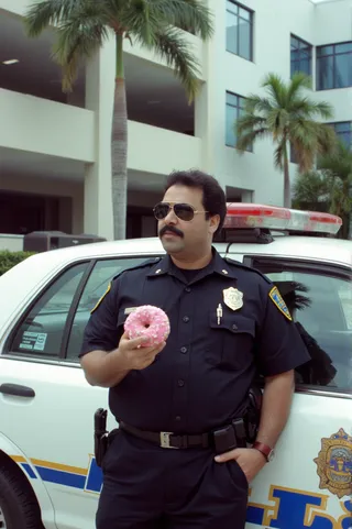 80s Miami police officer wearing sun shades and a black mustache, leaning on a vintage police car holding a pink frosted donut, with palm trees and an office building in the background.