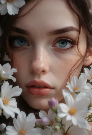 Close-up portrait of a young woman with striking blue eyes, pale freckled skin, and soft pink lips, surrounded by delicate white and pink flowers with soft natural light.