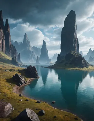 A detailed landscape of an unknown planet featuring tall monoliths, a calm lake reflecting the cloudy sky, and rugged terrain with rocks and grass under dramatic lighting.
