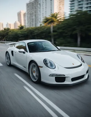 A white Porsche sports car driving fast on a Miami street with motion blur and vibrant lighting, captured in a cinematic style.