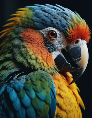 Close-up macro shot of a colorful parrot showing detailed feathers and a cinematic film grain effect against a dark background.