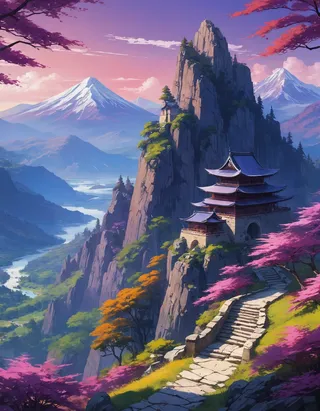 Vibrant anime-style mountainous landscape featuring a traditional temple on a rocky cliff surrounded by purple and orange trees with a stone pathway leading up to it.