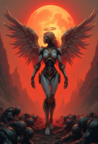 Futuristic cyborg girl with glowing angel wings and a saint halo, walking in a hellish red sunset landscape with metal monsters crawling beneath her feet.