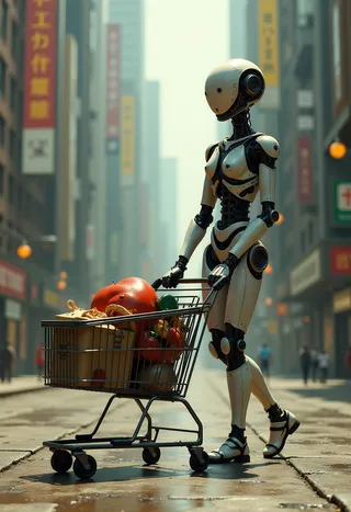 Realistic humanoid dystopian android with worn white and black plating pushing a shopping cart filled with groceries and belongings through a city street during daytime.