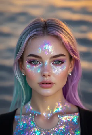 High-resolution portrait of a young woman with iridescent pastel hair, glittery makeup, and facial piercings including double eyebrow rings, septum, and labret stud, illuminated by soft diffused lighting with an abstract colorful background.