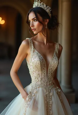 A hyperrealistic photograph of a bride wearing a stunning glitter wedding dress with intricate lace details and a sparkling tiara, captured in 8k resolution with soft lighting.
