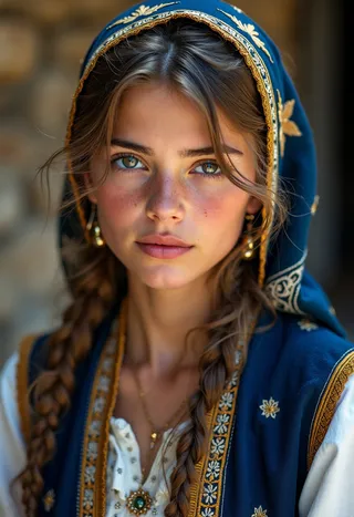 Close-up portrait of a Greek girl wearing a richly embroidered blue woolen vest and traditional headscarf with gold trim, featuring braided hair and gold jewelry.