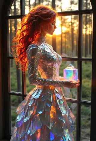 Enchanting woman with fiery red hair in iridescent dress holds a glowing crystal by a window at sunset, overlooking an enchanted forest.