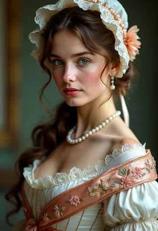 Portrait of a British woman in a Regency-era traditional outfit wearing a lace bonnet with ribbons, pearl necklace and earrings, an embroidered shawl, and an empire-style embroidered gown with soft lighting.