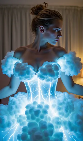 A hyper-realistic portrait of a woman wearing a glowing ethereal dress composed of luminous clouds and crackling lightning, illuminated with blue-white light in a softly blurred bedroom.