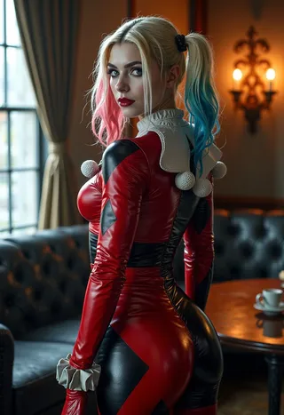 Woman dressed as Harley Quinn in classic red and black leather costume with pigtails dyed pink and blue, posing indoors in a lounge setting.