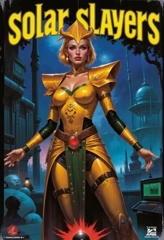 Woman warrior in golden armor with cyborg paladin design, set against a futuristic Night City background, styled as an 80s worn book cover titled 'solar slayers'.