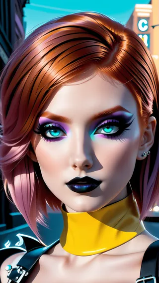 Close-up photorealistic portrait of a pastel goth styled redhead woman with bright blue eyes, black lipstick, and vibrant makeup, set against a city street background with hard shadows.