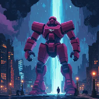 Pixel art illustration of a giant red robot standing in a neon-lit cityscape with a glowing waterfall in the background under a dark sky.