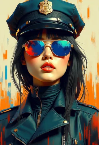 Stylised painting of a cyberpunk policewoman wearing a black leather jacket, police cap with badge, and reflective sunglasses showing blue and red hues.