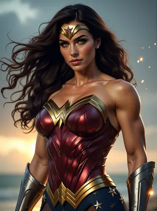 A striking image of Wonder Woman with flowing hair, serious expression, and her iconic armor, blocking bullets with her bracers emitting sparks.