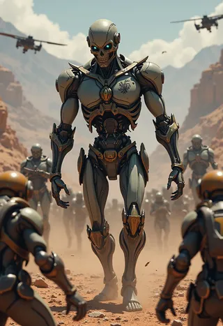 A menacing evil cyborg undead with glowing blue eyes and a robotic skeletal body stands in a dusty alien canyon, surrounded by robotic soldiers and flying aircraft.