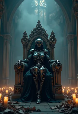 Cyborg girl with a robotic body sitting on an ornate throne adorned with skulls and bones inside a dark cathedral illuminated by mystical fog and magical lights, surrounded by flickering candles and fallen leaves.