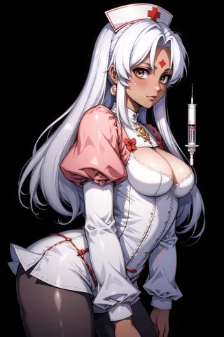 Dark-skinned female nurse with long white hair and red eyes wearing a nurse cap, jewelry, pink puff sleeves, and white corset with black pantyhose holding a syringe against a black background.