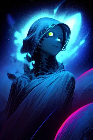 A robotic humanoid figure with glowing eyes wearing a hooded cloak against a cosmic backdrop featuring a luminous blackhole and distant planets with vibrant blue and pink hues.